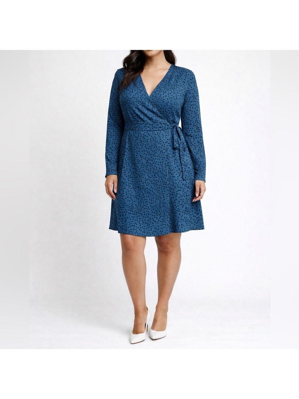 NWT Banana Republic Teal Black dots Long Sleeve Wrap Style Dress Sz 14